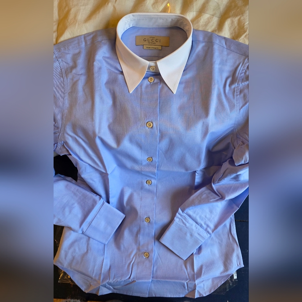 Gucci Light Blue Dress Shirt with White Contrast Collar